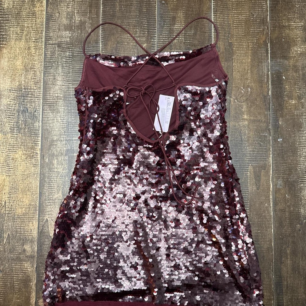 Wild Fable Burgundy Sequined Open Back Spaghetti Strap Mini Dress - Picture 4 of 8